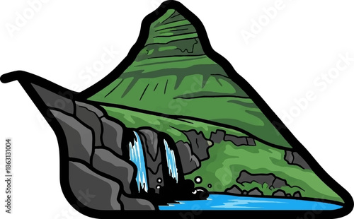 Lush green mountain slope with cascading waterfall flowing into a serene blue lake