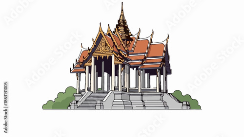 Ornate Southeast Asian temple structure with tiered roofs, pillars, and ascending stairs