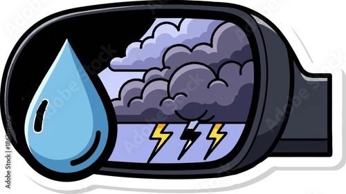 Sticker of a car side mirror reflecting stormy weather with dark clouds, lightning, and a large raindrop