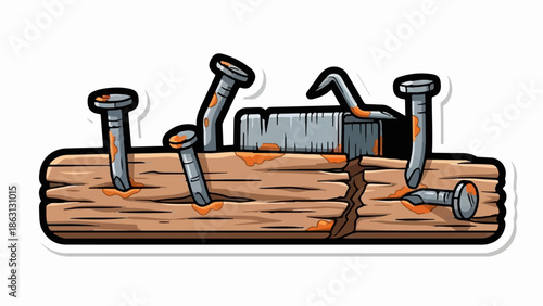 Rusty nails driven into a cracked wooden plank with orange goo