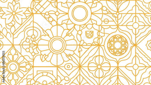 Ornate, repeating floral and geometric pattern with yellow outlines on a white background