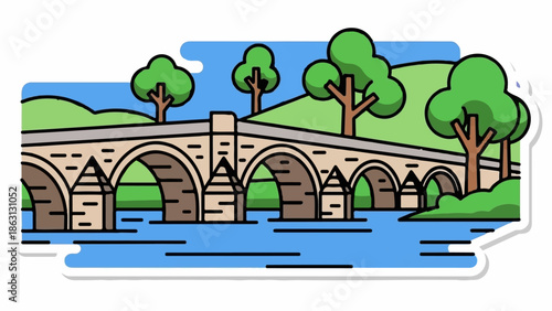 Stone bridge with arches crosses a blue river, surrounded by green trees and hills