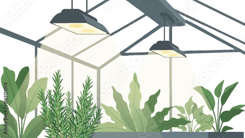 Lush green plants thrive under artificial grow lights inside a modern greenhouse structure