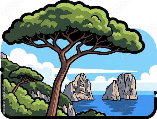 Lush green trees frame dramatic rocky islands emerging from bright blue water under a cloudy sky