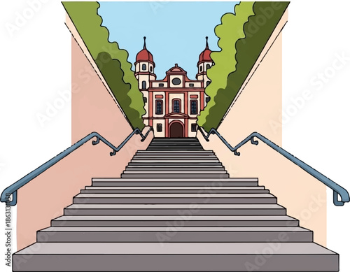 Stone staircase leads up to a building with red-domed towers and green trees