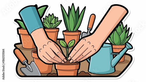 Gentle hands tend to a new seedling amongst potted plants and garden tools