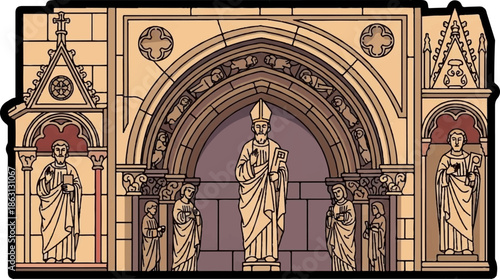 Ornate stone archway features statues of robed figures in a historical architectural facade