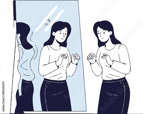 Sad woman sees distorted reflection in mirror, feeling insecure