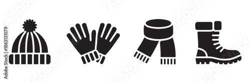 Stylish warm winter outfit for cold weather vector concept of hat gloves scarf and boot for activities and fashion accessory in casual outdoor seasonal