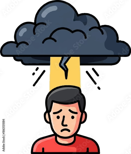 Sad person under dark stormy cloud with lightning