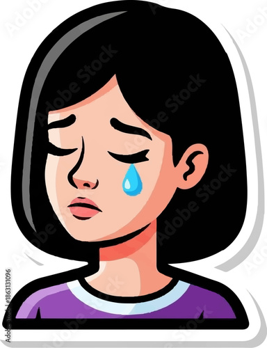 Sad young woman with tear, closed eyes, short black hair, purple shirt
