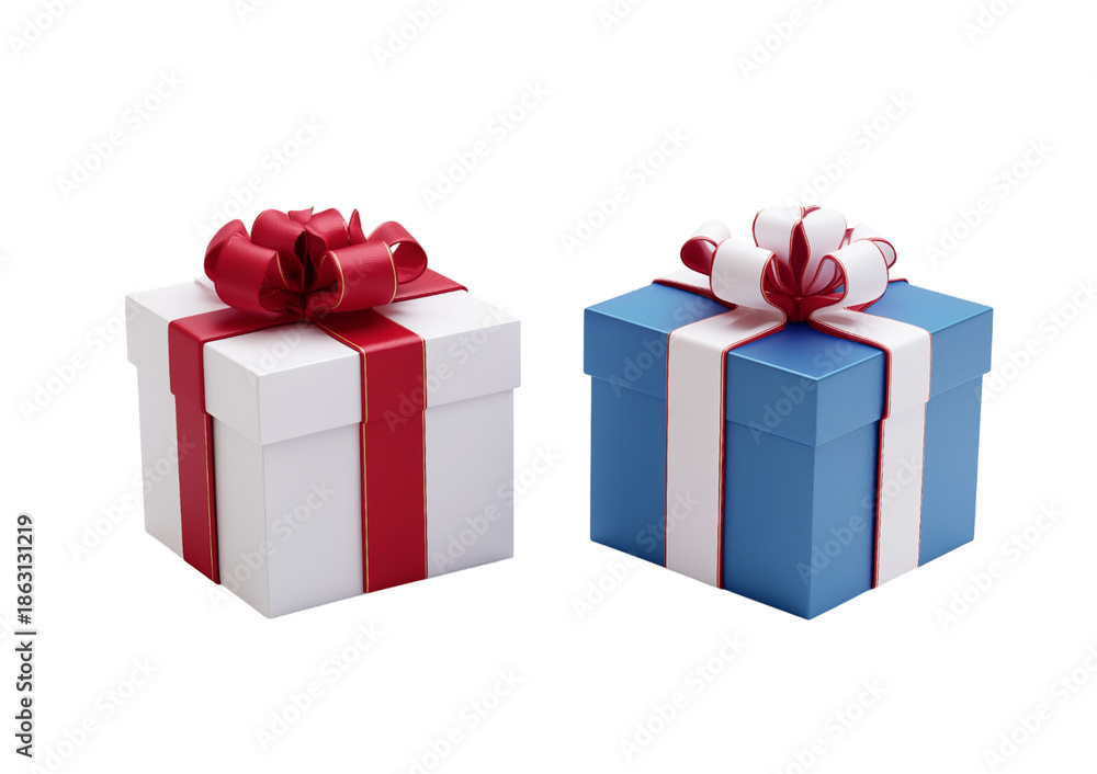 Fototapeta premium Two gift boxes one white with red ribbon and one blue with white ribbon isolated on a transparent background