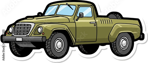 Illustration of a vintage olive green pickup truck with a white outline, facing left on a white background