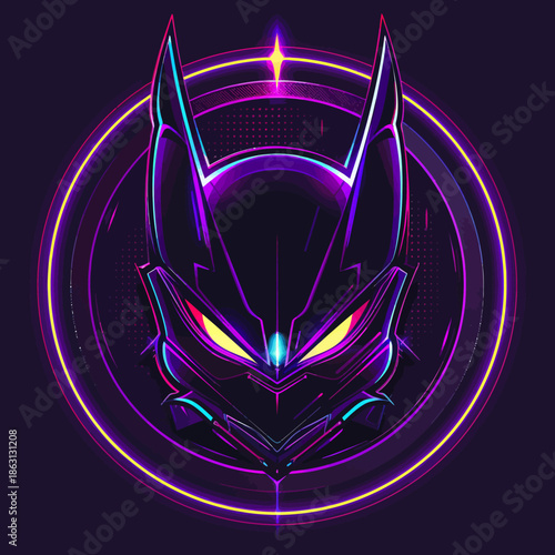 Neon illustration of a futuristic mask with glowing eyes and circular frame