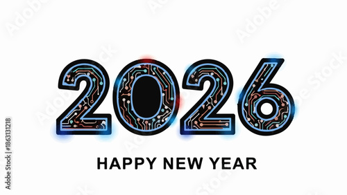 Futuristic 2026 year digits with circuit board design and glowing effects