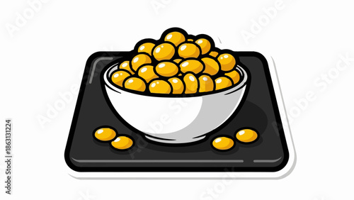 Illustration of a white bowl overflowing with golden-yellow beans on a dark tray, with some spilled