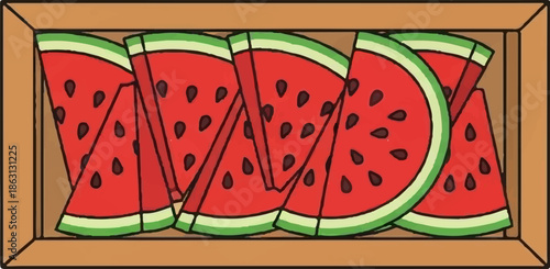 Overhead cartoon illustration of red watermelon slices with seeds and green rinds in a wooden crate