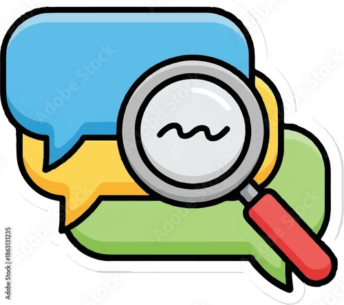 Magnifying glass over colorful chat bubbles, concept of communication analysis
