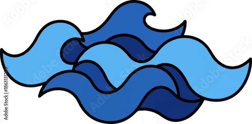 Stylized abstract depiction of layered blue waves with dark outlines on a white background