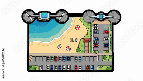 Overhead view of a beach with a parking lot, cars, and a drone overhead