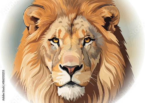 Majestic lion portrait with golden mane and piercing gaze against a soft, diffused background