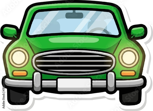 Front view of a vibrant green cartoon-style car with headlights on, a classic grille, and bumpers