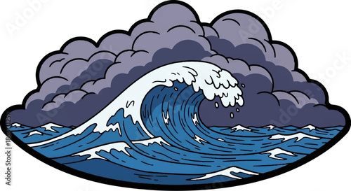 Majestic ocean wave crests under ominous, dark clouds