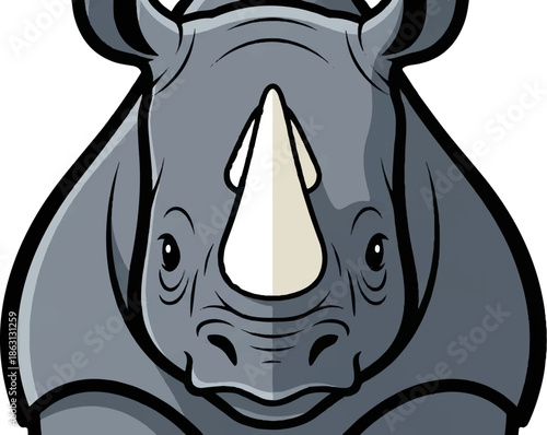 Front view cartoon rhinoceros head with a prominent horn