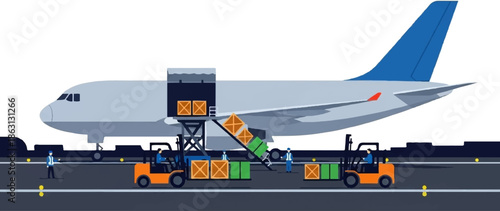 Illustration of airport ground crew using forklifts and cargo loaders to load/unload an airplane with boxes