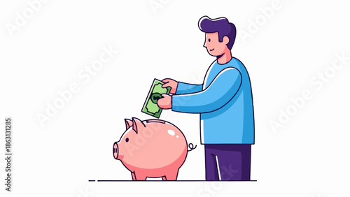 Man deposits money into a piggy bank for savings