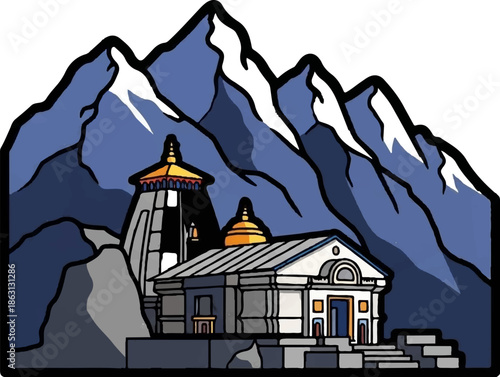 Majestic temple nestled amidst towering, snow-capped mountains