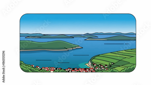 Scenic island village nestled by the sea with terraced green hills under a clear blue sky