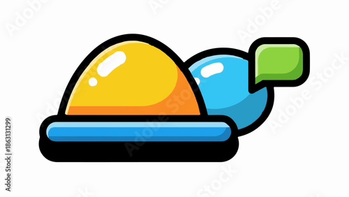 Stylized, abstract representation of a yellow dome, blue orb, and green speech bubble