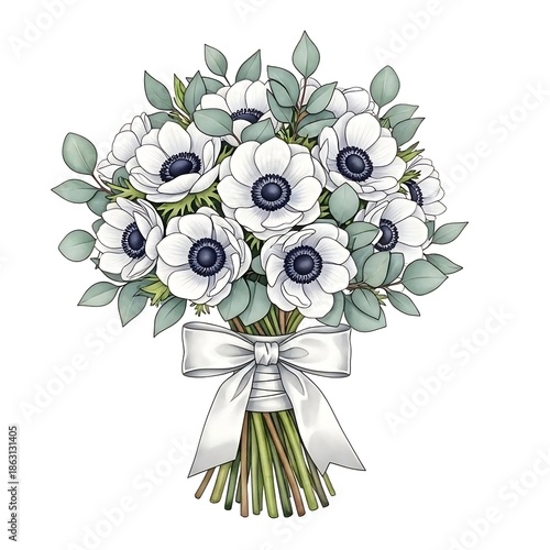 White Anemone Flowers Bouquet with Ribbon.