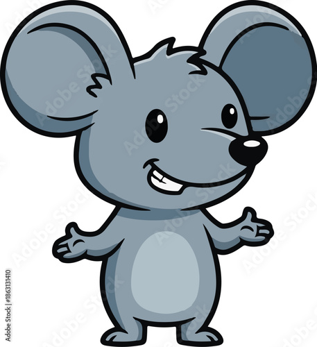 Friendly cartoon mouse with big ears and a cheerful smile, gesturing welcomingly