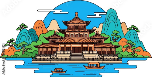 Stylized ancient Asian temple complex by water, with boats and mountains