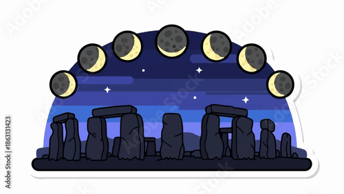 Stylized ancient stone structure against a night sky with moon phases