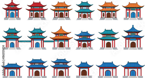 Traditional Chinese Temple and Pagoda Building Illustration Set Featuring Colorful Asian Architecture, Historic Shrines, and Cultural Landmark Designs