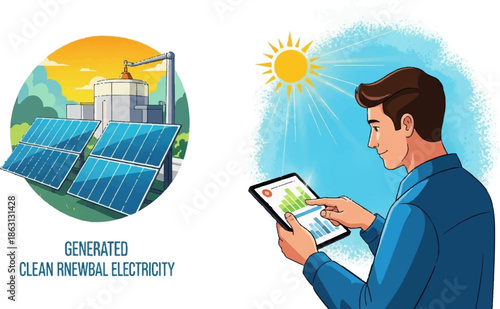 Man monitors solar energy production on a tablet, with solar panels and a facility in the background