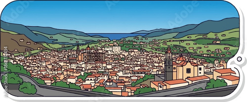 Panoramic view of a sun-drenched coastal town nestled between rolling green hills and the blue sea