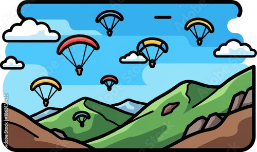 Paragliders soar above green hills under a blue sky with clouds