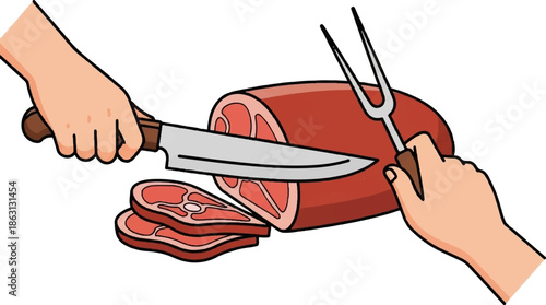 Hands preparing to carve a large roast of meat, slicing pieces