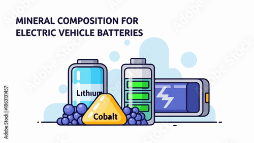 Illustration of electric vehicle batteries and their mineral components, lithium and cobalt