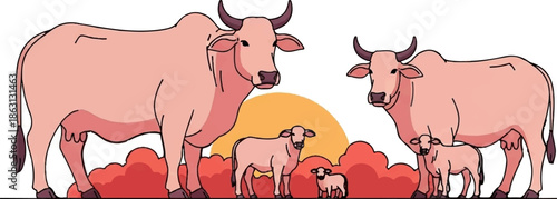 Pastel illustration of two adult cows and two calves standing on red bushes with a warm sun in the background