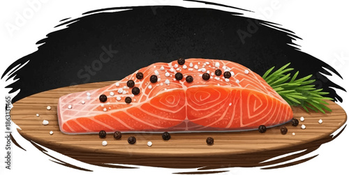 Fresh salmon fillet seasoned with salt and pepper, garnished with rosemary