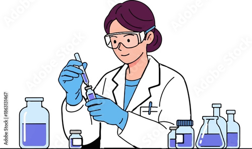 Scientist in lab coat and goggles carefully pipettes liquid into a vial amidst laboratory glassware