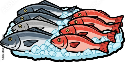 Fresh seafood display colorful fish nestled on ice cubes