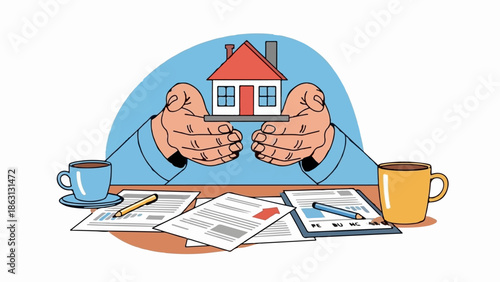 Hands presenting a house model with documents and coffee cups