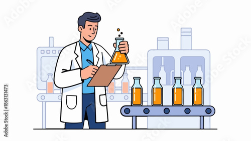 Scientist examines flask on a production line with bottled orange liquid