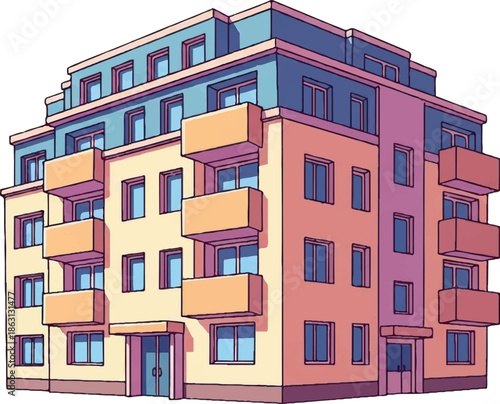 Stylized apartment building with balconies and multiple stories, set against a white background